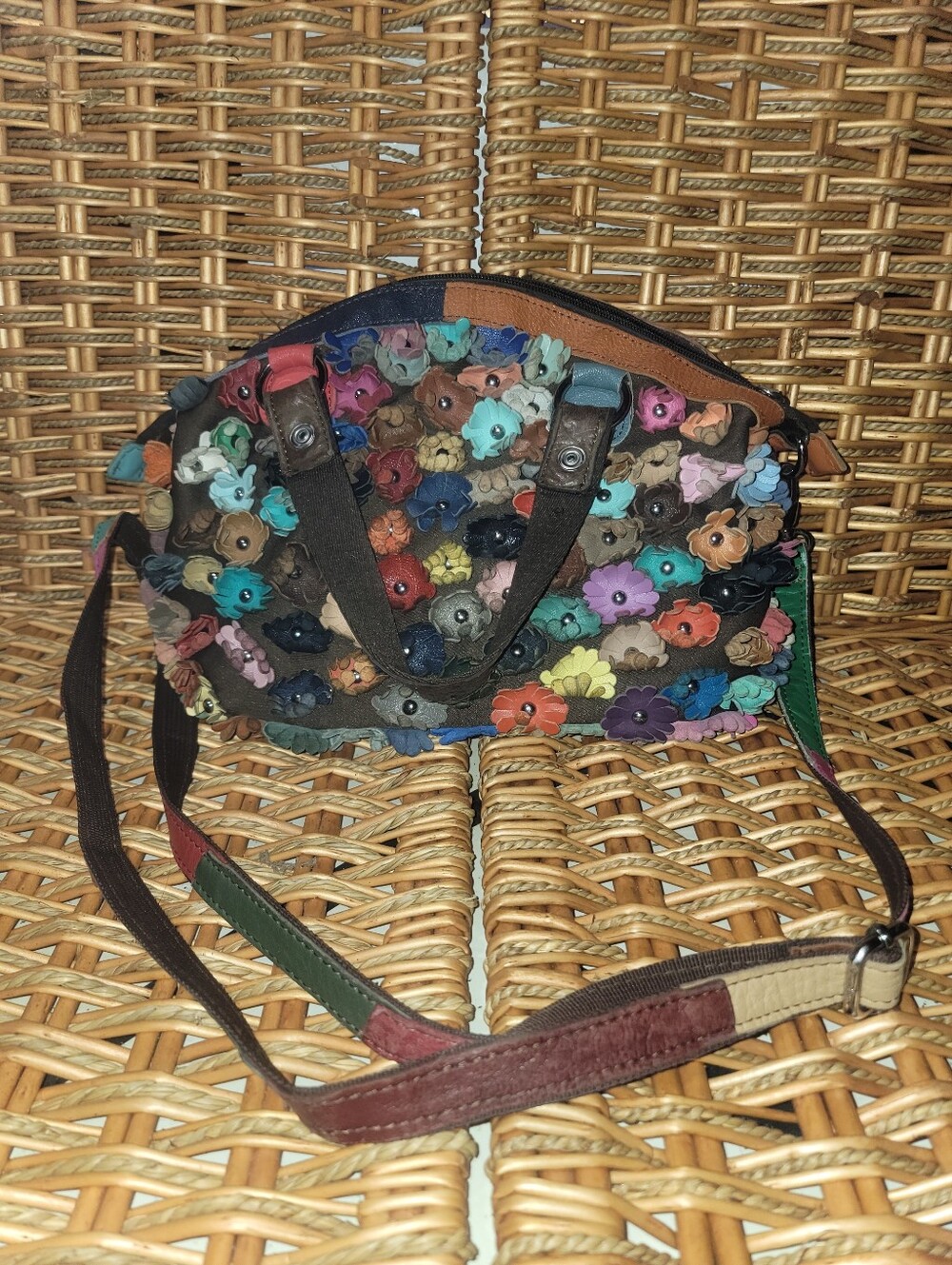 Leather Flowers Multicolor Fall Medium Hobo Y2K Handbag Applique pp5900